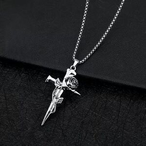 Rose Vine Entwined Cross And Sword Nail Pendant Necklace
